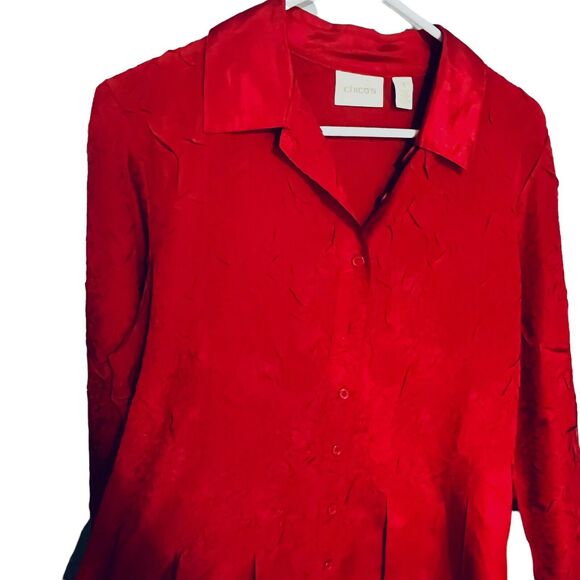 Chico's Shirt Rich Red Crinkle Long Sleeve Collared Button Up Tunic Top Medium - Picture 3 of 15